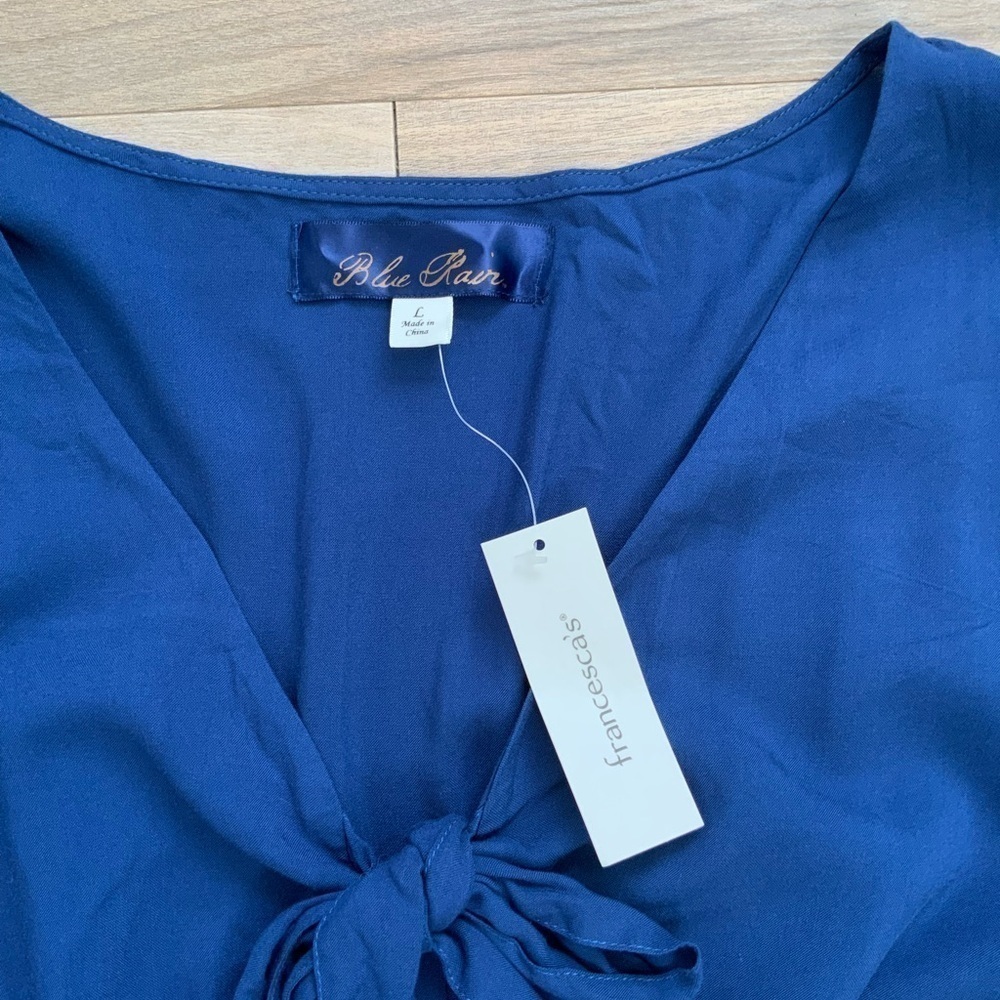 Francesca's Blue Rain Navy Embroidered Long sleeve Tie Knit Romper - Picture 5 of 7